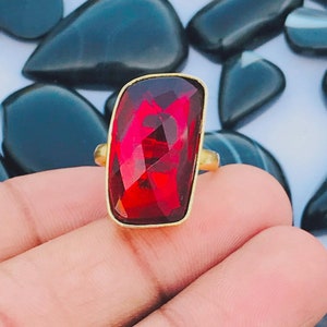 Faceted Garnet Quartz Ring: Adjustable Gold Plated Brass Statement Ring