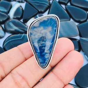 7&quot; US Ring Size Natural Sodalite Sterling Silver Plated Ring - Sodalite Brass Silver Ring - Natural Sodalite Sterling Silver Ring