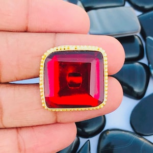 Gold Plated Brass Ring: Natural Garnet Quartz, Adjustable Size