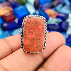 Red Turquoise Sterling Silver Ring: Octagon Gemstone, Size 8.75