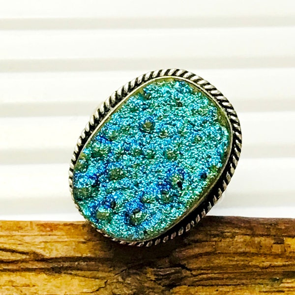 7.25" US Natural Blue Titanium Druzy Ring - Druzy Fashion Jewelry - Druzy Gemstone - Silver Plated Druzy Ring - Druzy Gemstone