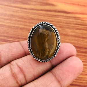 Adjustable Tiger Eye Ring: Oval Gemstone, Silver Plated