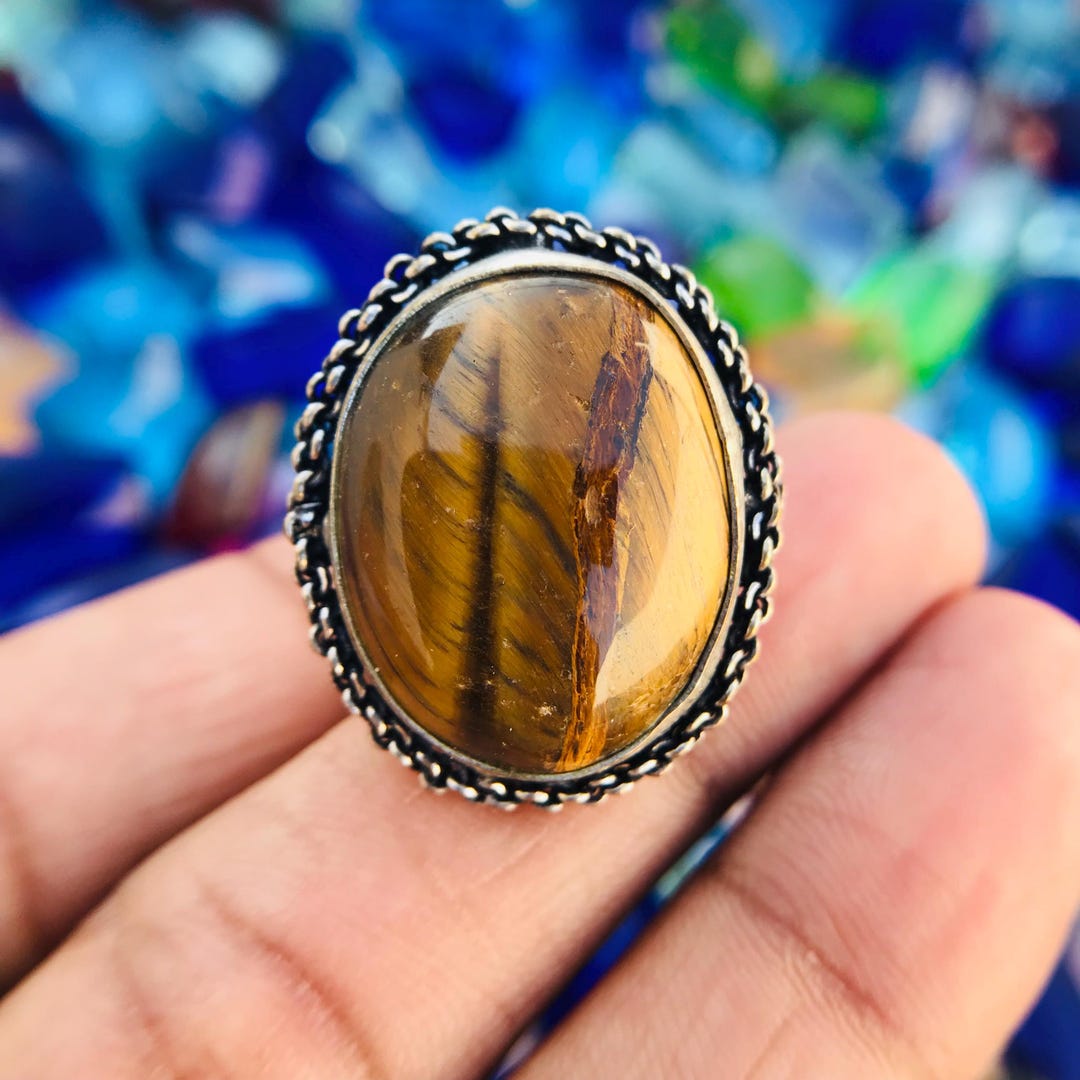 Oval Tiger Eye Silver Plated Adjustable Ring