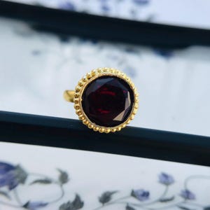 Gold Plated Garnet Quartz Ring - Adjustable Brass Statement Ring