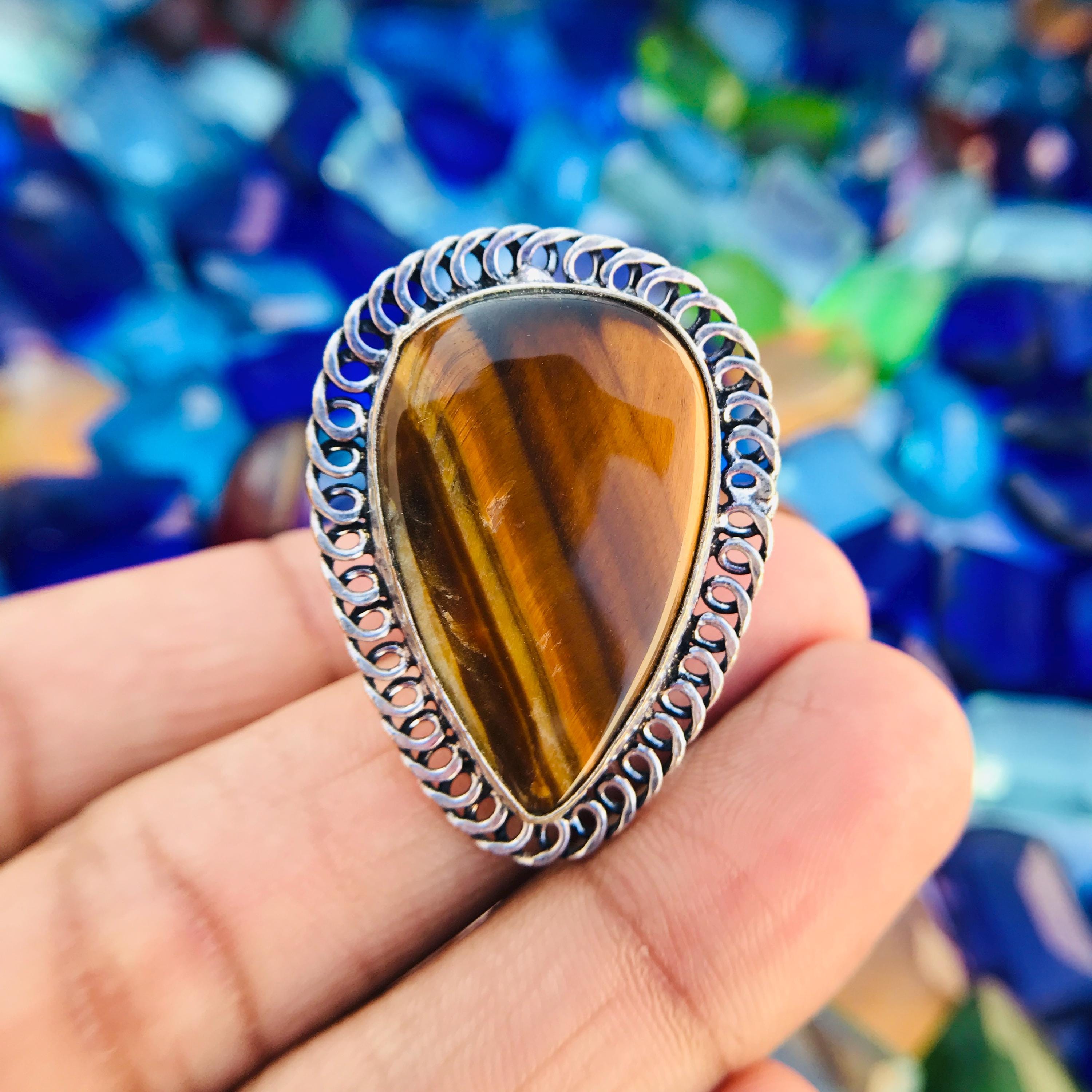 Adjustable Pear Tiger Eye Silver Plated Ring