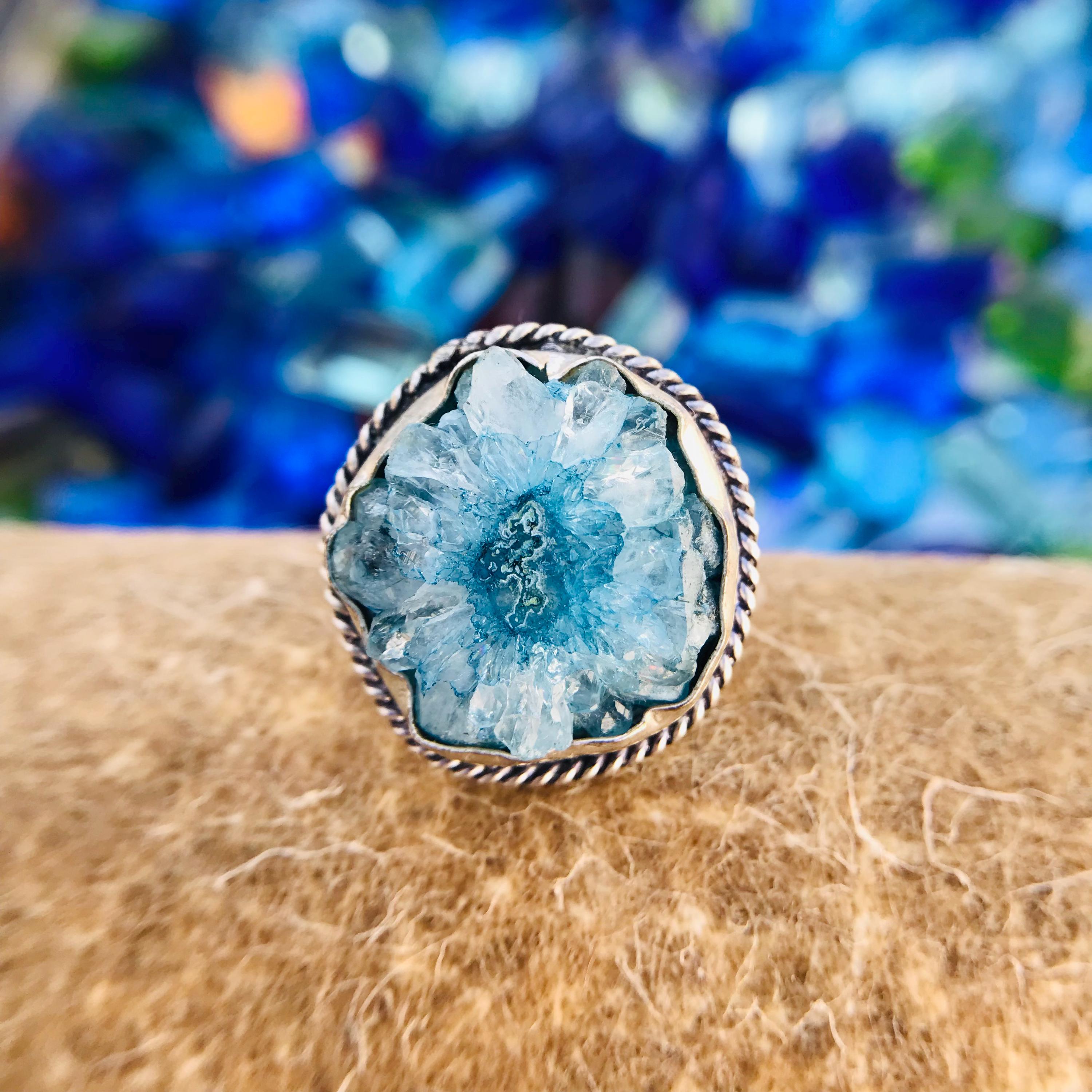 Bague En Agate Tranchée Plaqué Or - Taille 5, Fait Main, Pierre Bleue Naturelle, Inde
