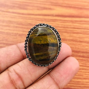 Adjustable Tiger Eye Ring: Silver Plated Gemstone Jewelry