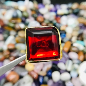 Gold Plated Brass Ring: Natural Garnet Quartz Adjustable Statement Ring