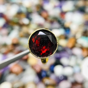 Gold Plated Brass Ring: Faceted Garnet Quartz, Adjustable Size