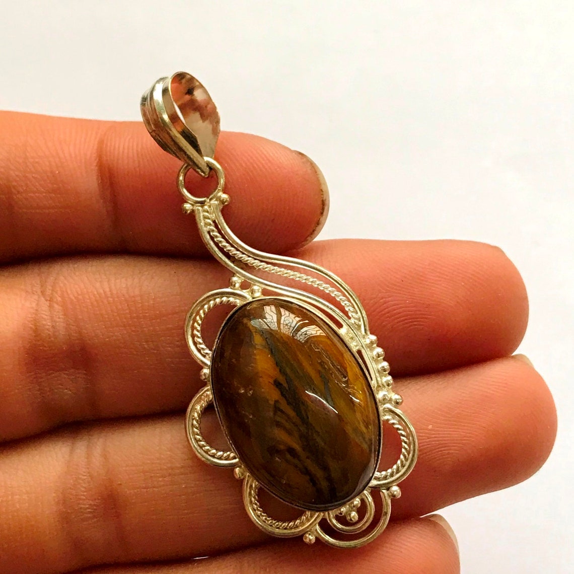 Natural Tiger Eye Pendant Tiger Eye Jewelry Silver Plated Etsy