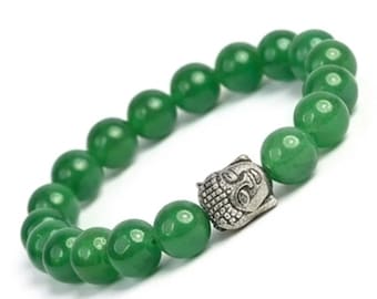 Green Jade Buddha Bracelet, Natural Gemstone Beaded, Lucky Charm Protection Jewelry