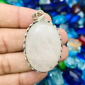 Rose Quartz Silver Plated Pendant - 2 Inch Oval Gemstone