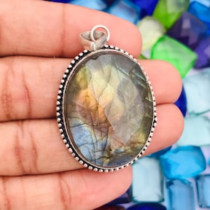 Faceted Labradorite Sterling Silver Pendant - 2&quot; Oval Gemstone Jewelry
