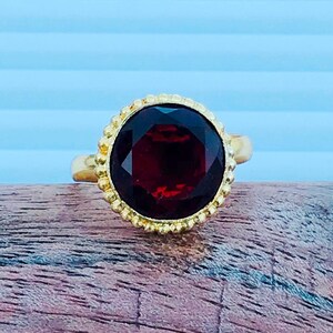 Gold Plated Brass Ring: Faceted Garnet Quartz, Adjustable Size