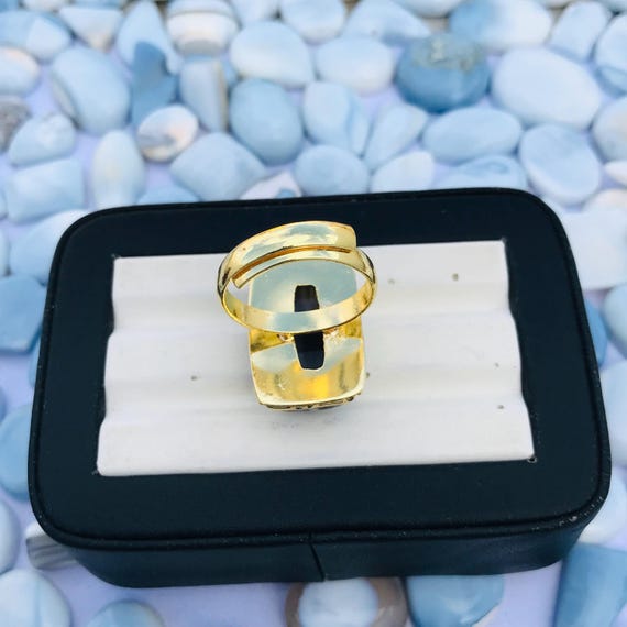 Adjustable Black Hakik Ring: 18K Gold Plated Brass, Octagon