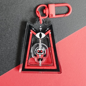 Puede incluir: Un llavero acrílico transparente con un diseño rojo y negro. El llavero presenta un ojo estilizado, una calavera y un cierre rojo. El diseño está sobre un fondo rojo y gris.