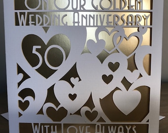 Our 50th Wedding Anniversary Card: Golden Wedding Papercut Design