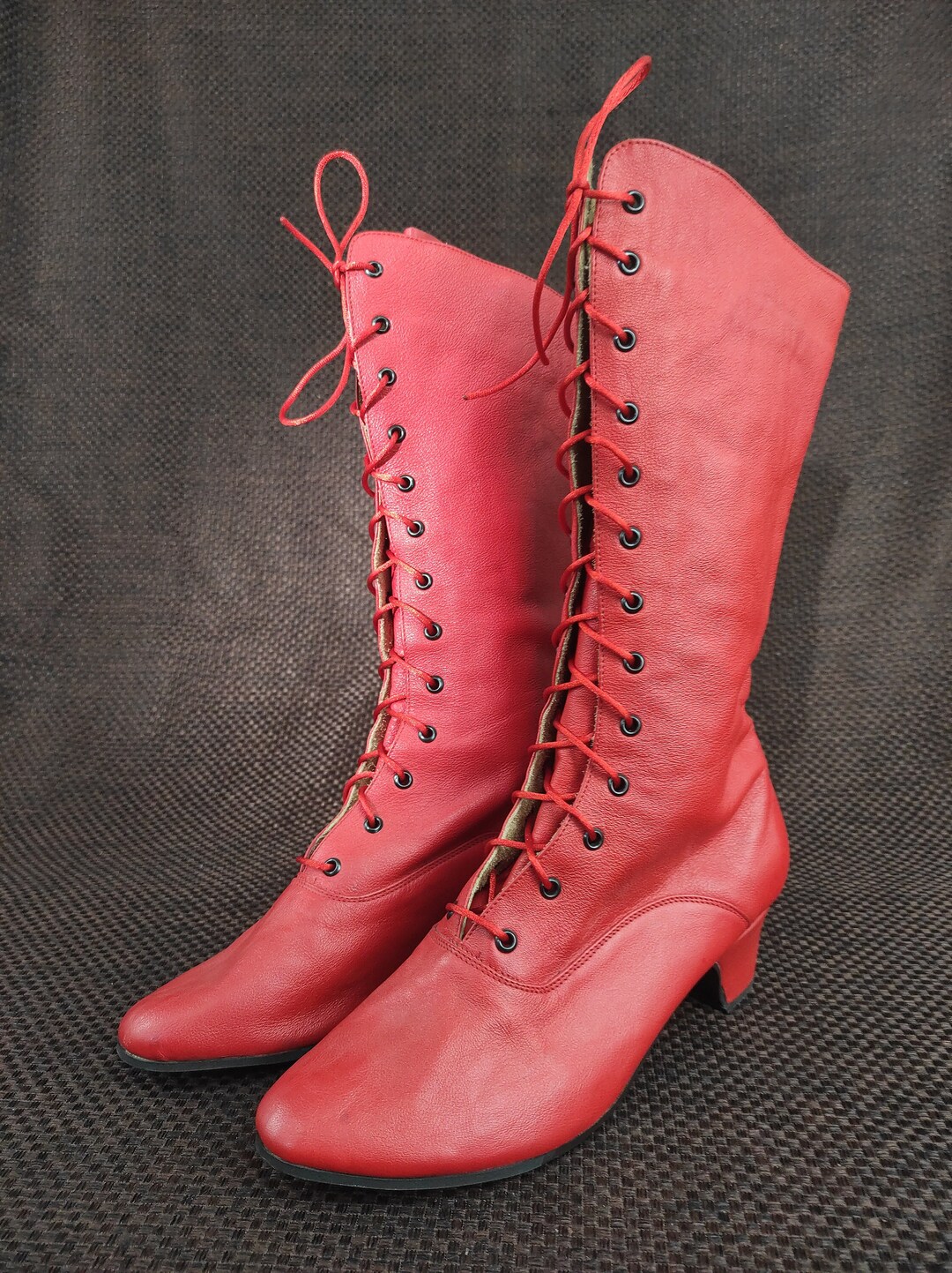 Ukrainian Red Leather Women's Boots in Traditional Style With on a Long