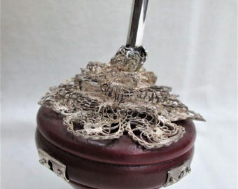 Sterling Silver Handmade Yemenite Filigree dreidel silver rose flower in a wood pot
