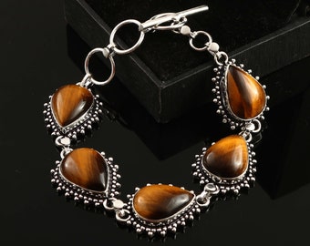 Natural Tiger Eye Bracelet,Yellow Tiger Eye,Handmade Bracelet,Gemstone Bracelet,925 Sterling Silver Bracelet For Men and Women,Gift For Her