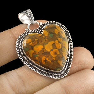bamboo Jasper Pendant Jasper Heart Shape Pendant 925 Sterling Silver Pendant Handmade Silver Jewelry  Jasper Silver Pendant For Necklace