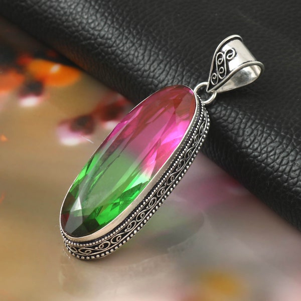 Pendentif tourmaline pastèque bicolore Pendentif fait main Pendentif pierres précieuses en argent sterling 925 Cadeau pour elle / lui Cadeau d'anniversaire