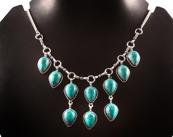 Turquoise Necklace,Handmade Necklace,Teardrop Gemstone Necklace,925 Sterling Silver Necklace,Gift For Her,Anniversary Gift,Birthday Gift