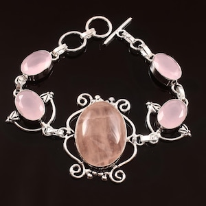 Rose Quartz Bracelet,Handmade Bracelet,Pink Gemstone Bracelet,925 Sterling Silver,Adjustable Bracelet Gift For Her/Him,Pink Rose Quartz