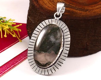 Moss Agate Pendant,Gemstone Pendant,Handmade Pendant,925 Sterling Silver Pendant,Gift For Her,Anniversary Gift,Green Moss Agate Pendant