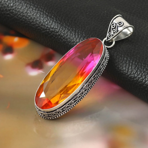 Pendentif Croix En Tourmaline Bicolore (rose Et Vert) Sur Chaîne Argent 925 - Occasion Des Années 90