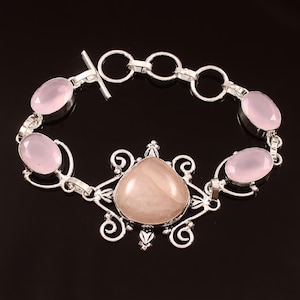 Rose Quartz Bracelet,Handmade Bracelet,Pink Gemstone Bracelet,925 Sterling Silver,Adjustable Bracelet Gift For Her/Him,Pink Rose Quartz