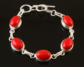 Coral Bracelet,Handmade Bracelet,Gemstone Bracelet,925 Sterling Silver Bracelet,Gift For Her/Him,Anniversary Gift,Red Coral Bracelet