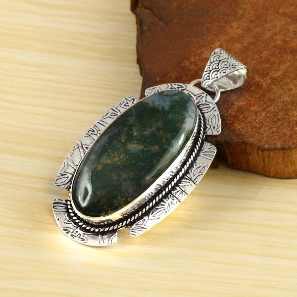 Moss Agate Pendant  Gemstone Pendant  Handmade Pendant 925 Sterling Silver Pendant  Gift For Her Anniversary Gift