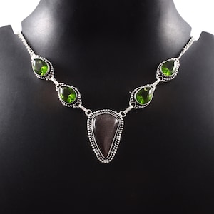 Silver Sheen Obsidian/Peridot Necklace,Handmade Necklace,Gemstone Necklace,Gift For Her,925 Sterling Silver Necklace,Birthday Gift,Necklace