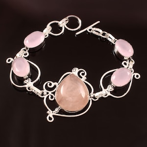 Rose Quartz Bracelet,Handmade Bracelet,Pink Gemstone Bracelet,925 Sterling Silver,Adjustable Bracelet Gift For Her/Him,Pink Rose Quartz