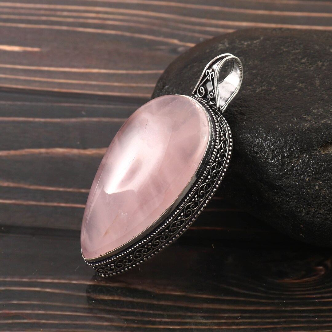 Big Rose Quartz Pendant, Handmade Pendant,pendant for Women, 925