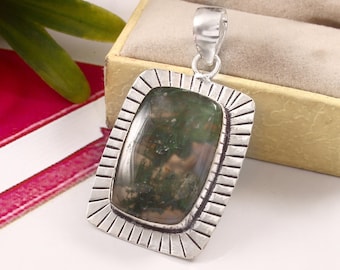 Moss Agate Pendant,Gemstone Pendant,Handmade Pendant,925 Sterling Silver Pendant,Gift For Her,Anniversary Gift,Green Moss Agate Pendant