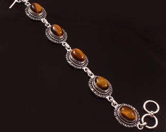 Natural Tiger Eye Bracelet,Yellow Tiger Eye,Handmade Bracelet,Gemstone Bracelet,925 Sterling Silver Bracelet For Men and Women,Gift For Her