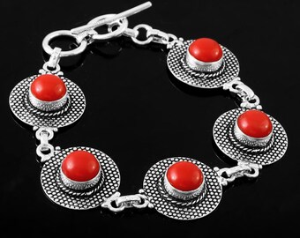 Coral Bracelet,Handmade Bracelet,Gemstone Bracelet,925 Sterling Silver Bracelet,Gift For Her/Him,Anniversary Gift,Red Coral Bracelet
