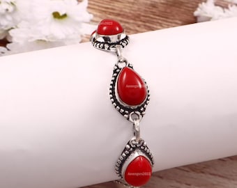 Coral Bracelet,Handmade Bracelet,Gemstone Bracelet,925 Sterling Silver Bracelet,Gift For Her/Him,Anniversary Gift,Red Coral Bracelet