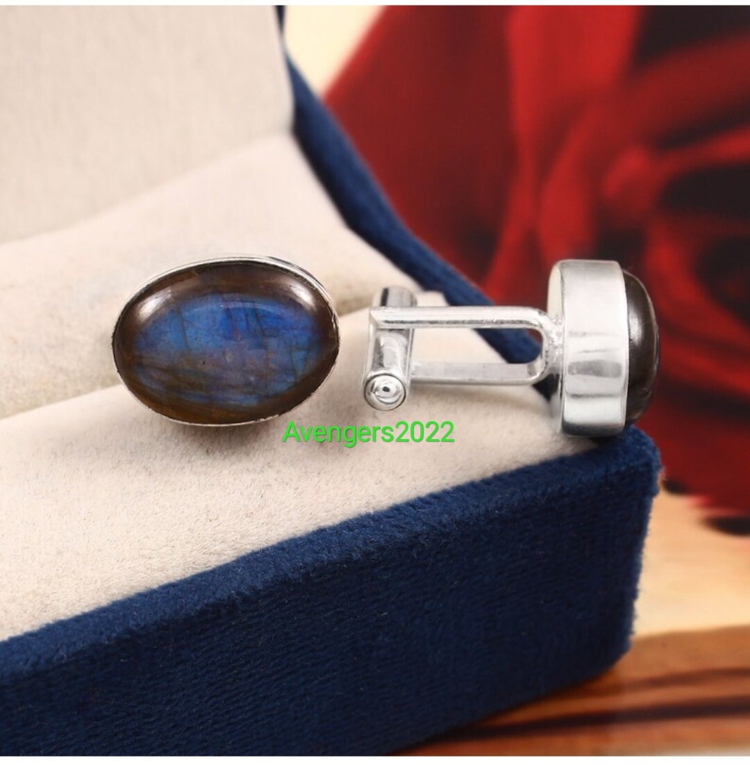 Boutons De Manchette Artisanaux En Argent 925 Avec Labradorite - Style Torsadé Bohème - Neuf Sans Emballage
