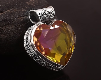 Pingente de turmalina bicolor pingente feito à mão em forma de coração pingente de pedra preciosa 925 pingente de prata esterlina presente para ela/ele presente de aniversário