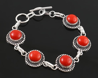Coral Bracelet,Handmade Bracelet,Gemstone Bracelet,925 Sterling Silver Bracelet,Gift For Her/Him,Anniversary Gift,Red Coral Bracelet
