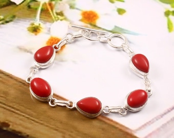 Coral Bracelet,Handmade Bracelet,Gemstone Bracelet,925 Sterling Silver Bracelet,Gift For Her/Him,Anniversary Gift,Red Coral Bracelet