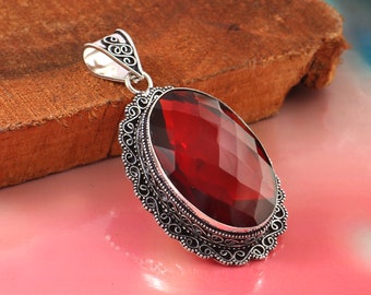 Garnet Cut pendant,Red Gemstone Pendant,Handmade Pendant,Necklace,925 Sterling Silver Pendant,Gift For Her,Women Jewelry,Anniversary Gift