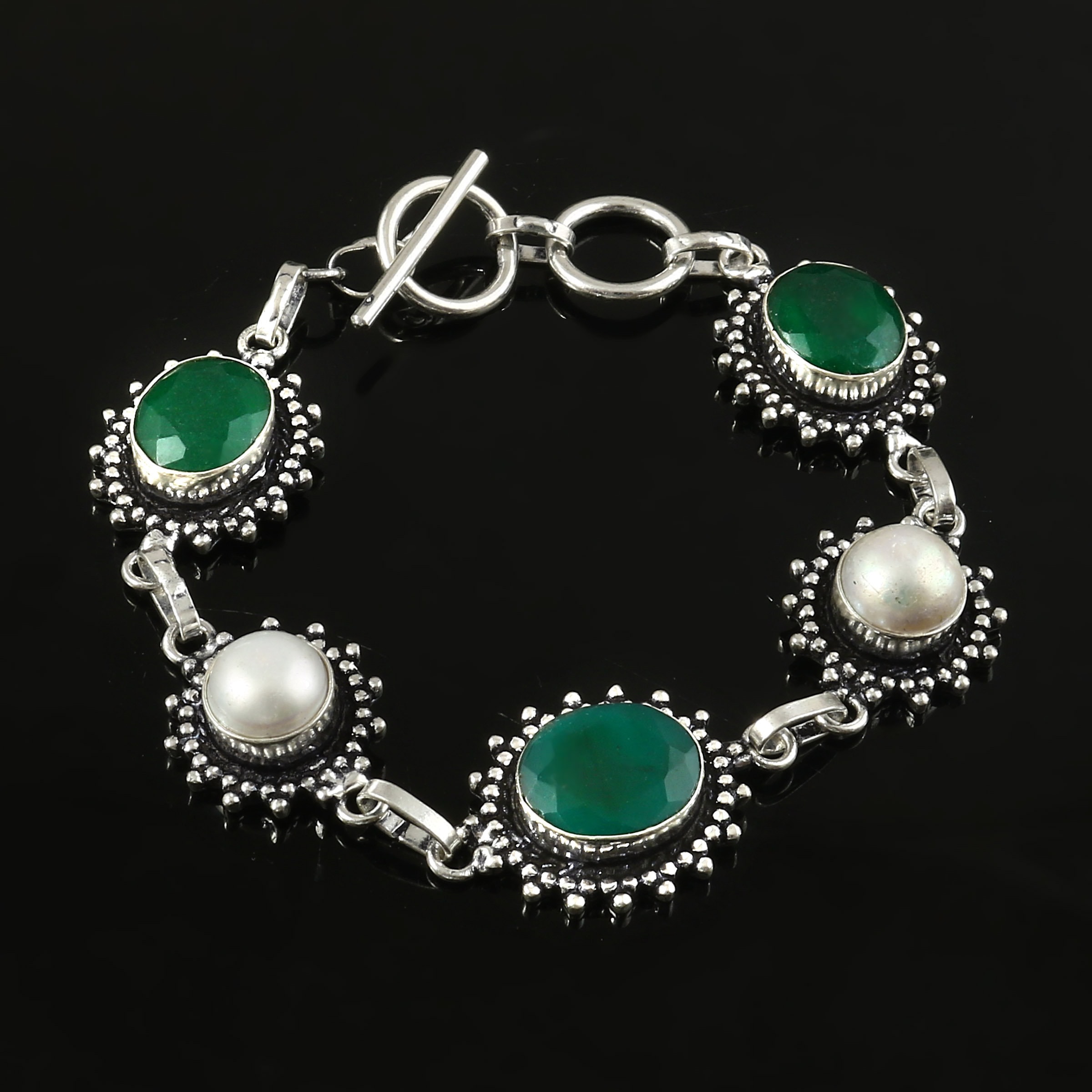 Faceted Emerald and Pearl Bracelet,handmade Bracelet,925