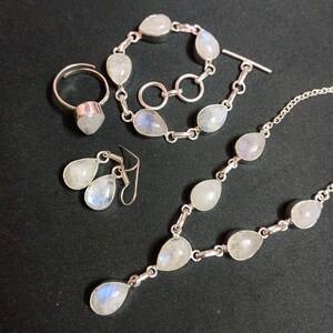 Moonstone Combo Necklace Set  Natural Moonstone Bracelet  Handmade Earring  Gemstone Ring  925 Sterling Silver Necklace  Gift For Her
