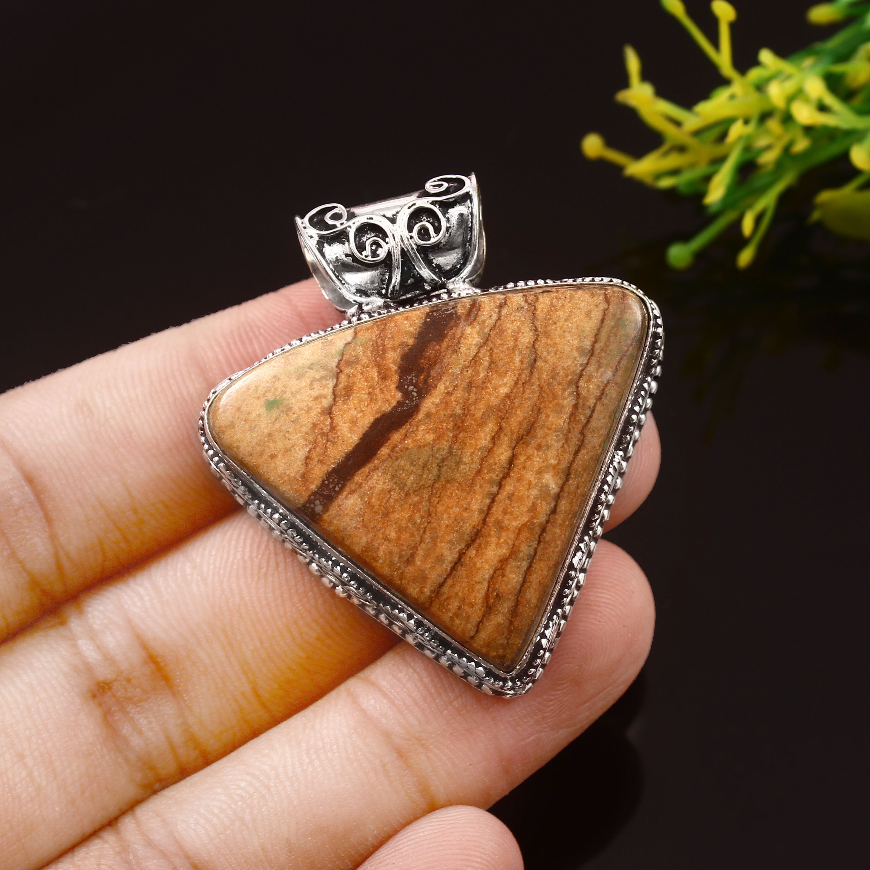 Pendentif En Argent 925 Sertie De Jaspe Océan Naturel - Fait Main Aux USA - Neuf Sans Emballage