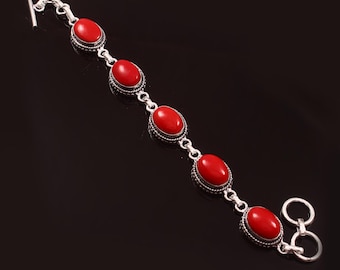 Coral Bracelet,Handmade Bracelet,Gemstone Bracelet,925 Sterling Silver Bracelet,Gift For Her/Him,Anniversary Gift,Red Coral Bracelet