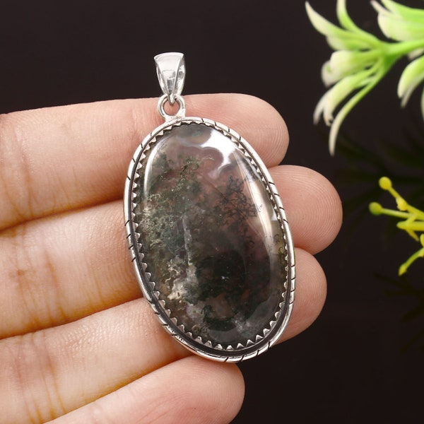 Moss Agate Pendant,Natural Gemstone Pendant,Handmade Pendant,925 Sterling Silver Pendant,Gift For Her,Anniversary Gift,Women Jewelry